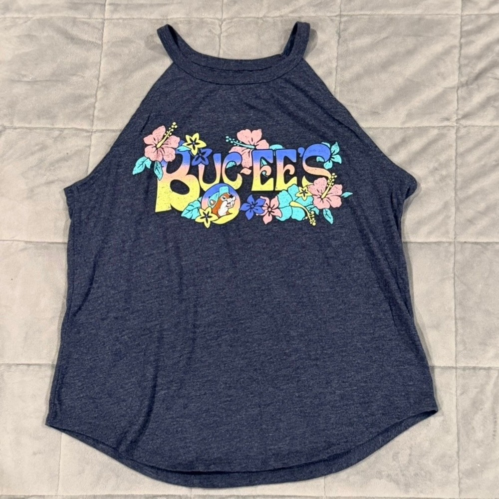 Buc-ee's Halter Tank Top Womens‎ MD Navy Tropical Hibiscus Floral Graphic